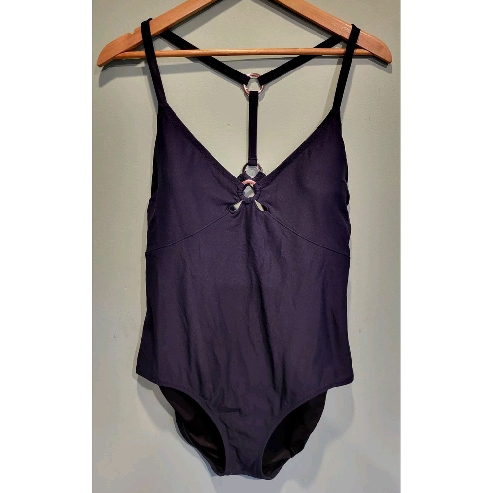 Lands End Navy Blue 1pc Y Back Swimsuit Silver Ring Accent Sz 14